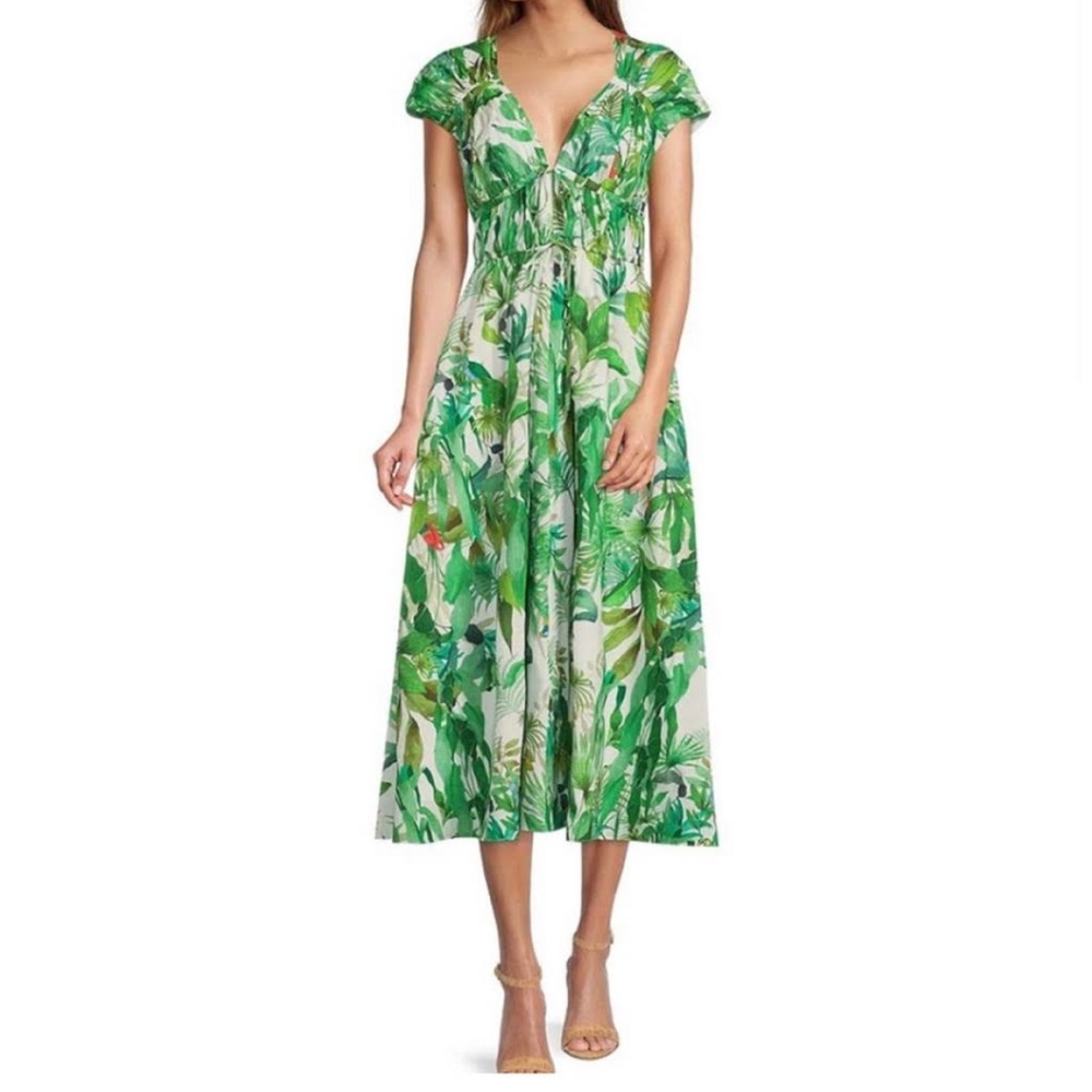 Antonio Melani Green Victoria Tropical Bird Palm Tree Print Poplin Dress 2/XS
